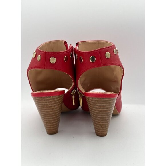 Vince Camuto Red Leather Peep-Toe Studded Bootie Heels 7.5W With Zipper Closure - Picture 3 of 8